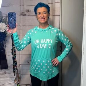 NWT🤩 |•LULAROE•| Oh Happy Day! Aqua Long Sleeve Hooded Top Size Medium